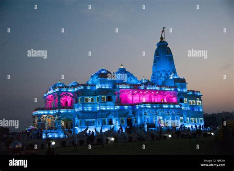 2016 Prem Mandir ( The Temple of Divine Love) at night in Vrindavan Mathura Uttar Pradesh India ...