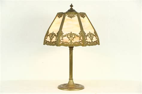 Stained Glass 7 Panel Shade 1915 Antique Table Lamp, Signed Rainaud
