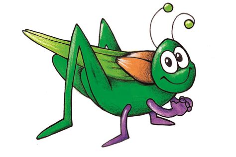 a drawing of a green grasshopper with an orange nose and purple legs, standing on one leg