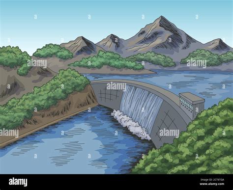 Dam hydropower river graphic color landscape sketch illustration vector ...