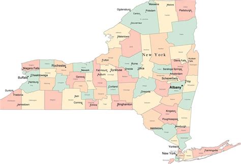 Multi Color New York State Map with Counties, Capitals, and Major Citi