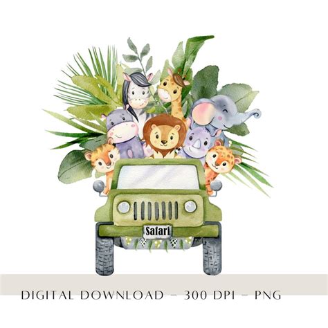 Safari Animals Jeep PNG Watercolour Baby Animals Safari | Etsy