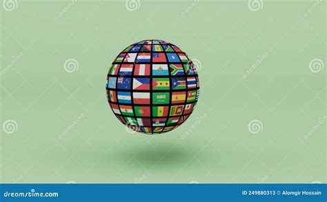 3d Render Planet Earth Globe With All Country Flag On Light Green Background Stock Photo ...