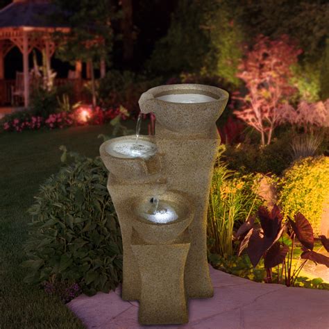 Pure Garden 3-Tier Cascading Pots Outdoor Fountain with LED Lights (Brown) - Walmart.com