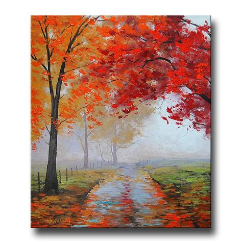 REALISTIC OIL PAINTING fall trees impressionism Misty Road Art | Etsy