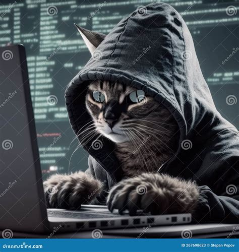 A Hacker Cat Wearing a Hoodie Hacking on a Laptop. Created with ...