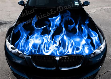 Vinyl Car Bonnet Wrap Full Color Graphics Decal Blue Fire Burning Flame ...