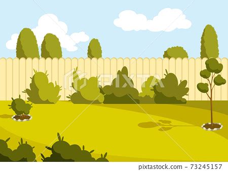 Patio area. Sunny back yard with green lawn,... - Stock Illustration ...