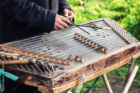 Cimbalom very special string wooden musical instrument. A street ...