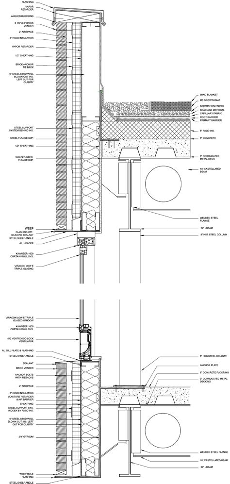 ENCLOSURE DETAILS: BRICK VENEER FACADE Facade Detail With Curtain Window & Wall Plan Detail With ...