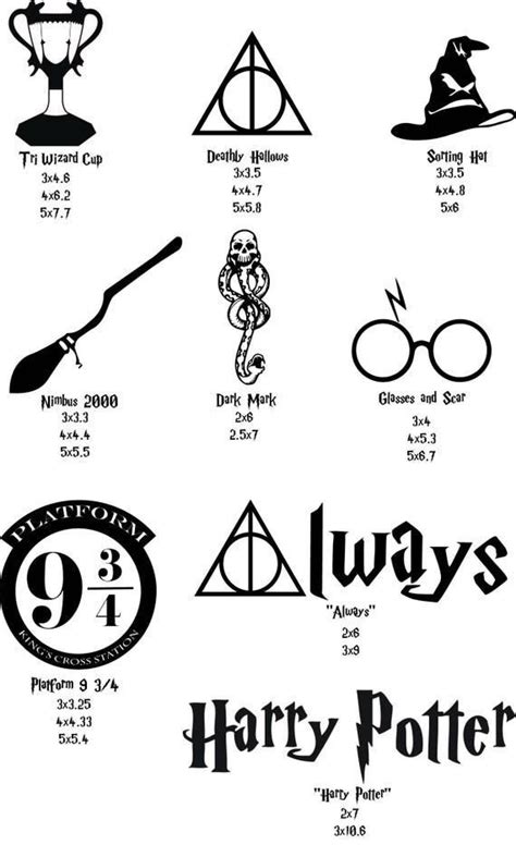 harry potters symbols and their names are shown in this black and white poster, which includes