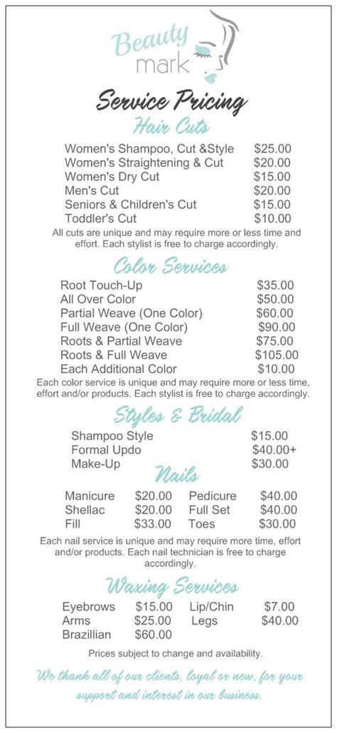 Salon Service Menu w/ diff. haircut options | Salon services, Hair ...