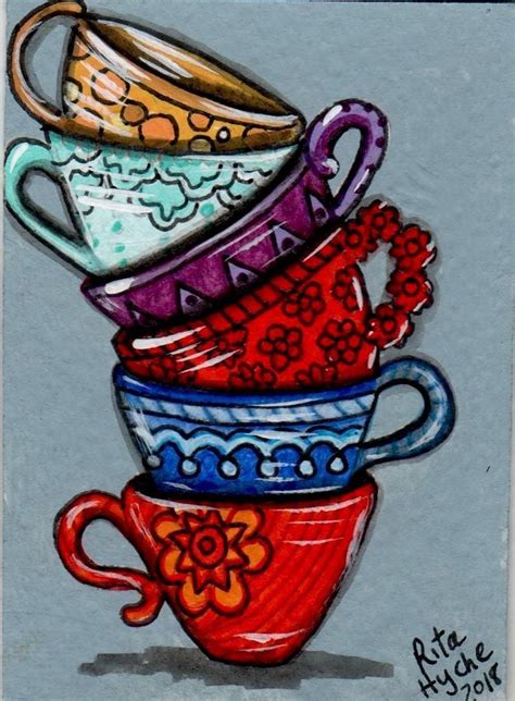 Original painting ACEO MINI ARTwork STACKED TEACUPS, THE LEANING CUPS #Abstract | Coffee cup art ...