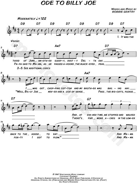 Bobbie Gentry "Ode to Billy Joe" Sheet Music (Leadsheet) in D Major (transposable) - Download ...