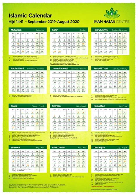 1441 Hijri Islamic Calendar – September 2019 – August 2020 | Imam Hasan Centre | Islamic ...