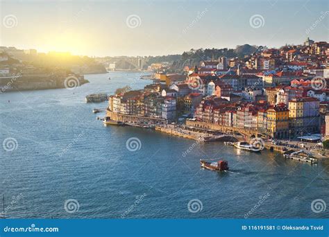 Porto City Landscape. Douro River, Boat at Sunset, Portugal Stock Image - Image of urban ...