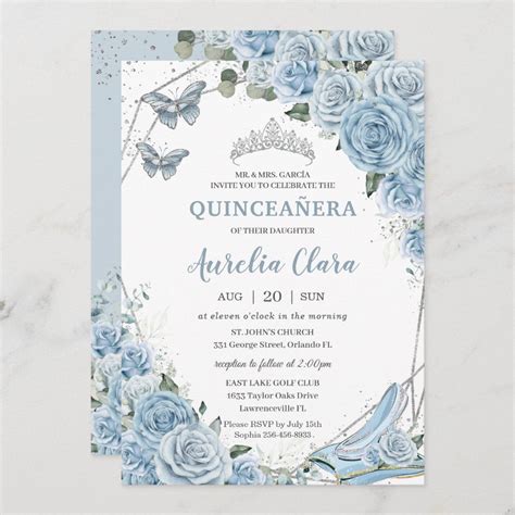 Quinceañera Cinderella Princess Baby Blue Floral Invitation Quince ...