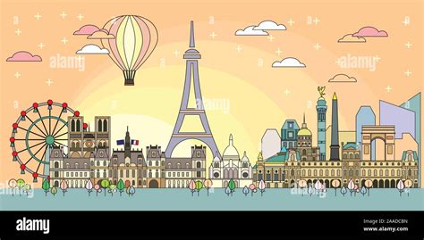 Panoramic line art style Paris City Skyline by sunrise. Colorful vector ...