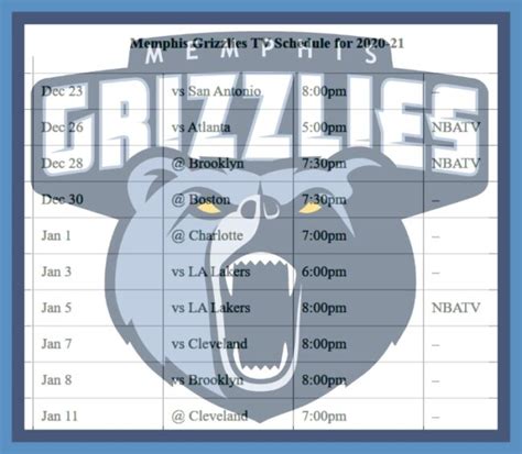 Printable Memphis Grizzlies schedule (and TV schedule) for 2020-21 ...