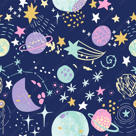 Cartoon cosmic background: cute planets, moon, shooting stars, galaxy ...