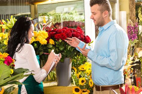 Man customer ordering flowers bouquet flower shop Stock Photo by ...