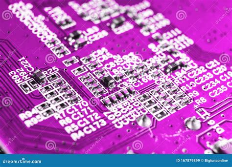 Macro Shot of Circuit Board with Resistors Microchips and Electronic Components. Computer ...