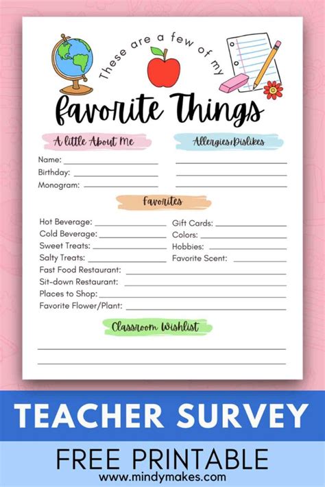 FREE! Printable Teacher Favorite Things - MindyMakes