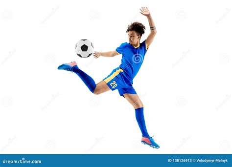 Young Boy with Soccer Ball Doing Flying Kick Stock Image - Image of child, equipment: 138126913