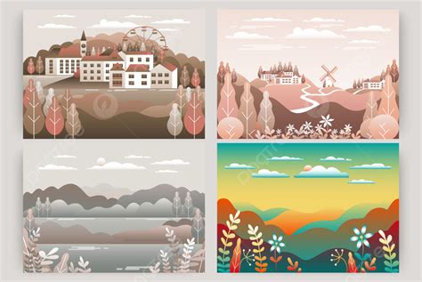 Countryside Landscape Set Vector Illustration Background, Organic, Building, Environment ...