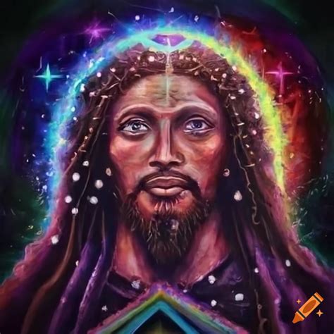 Mystical black jesus as alchemist in a star tetrahedron radiating divine aether on Craiyon