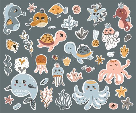 Vector Set of Cute Sea Animals Stickers Stock Vector - Illustration of ...