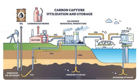 Carbon capture utilization and storage system description outline diagram. Labeled educational ...