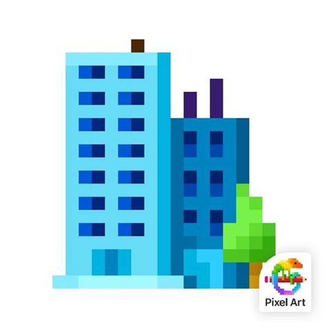 the pixel art logo is displayed in front of two tall buildings with different colors and shapes
