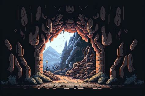 Premium AI Image | Pixel art cave entrance natural tunnel landscape in retro style for 8 bit game AI