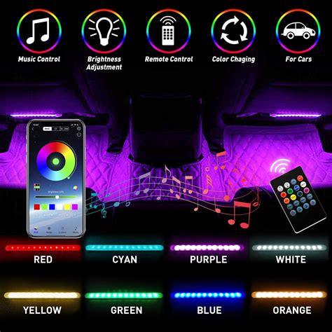 Car LED Strip Light with app, 4pcs 48 LED DC 12V Multicolor Car Interior Lights LED Under Dash ...