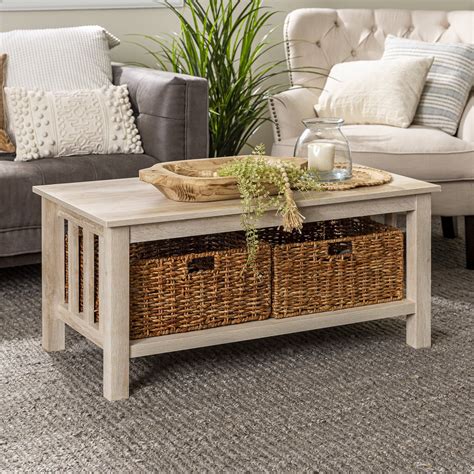 Woven Paths Traditional Storage Coffee Table with Bins, White Oak ...