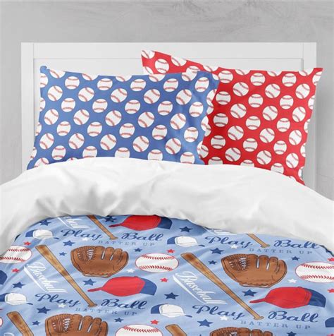 Baseball Kids Bedding Set Boy Comforter Bedroom Room Decor Pillow Shams Red Blue Baseball Bat ...