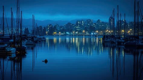 Wallpaper Vancouver, Granville, Island, Canada, night, Morning, lights, boats, blue, water, sea ...