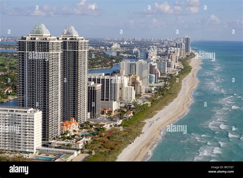 Aerial view of Miami Beach and high rise buildings at Boardwalk district, Miami, Florida, USA ...
