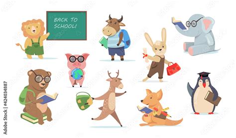 Back to school set with funny cartoon animals. Flat vector illustration. Collection of animals ...