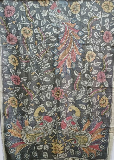 Kalamkari Handpainted Black Tussore Silk Dupatta | Kalamkari Design Studio