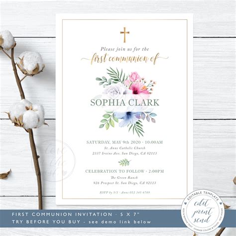 Floral First Communion Invitation Templatel Holy Communion - Etsy