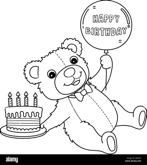 Happy Birthday Teddy Bear Isolated Coloring Page Stock Vector Image & Art - Alamy
