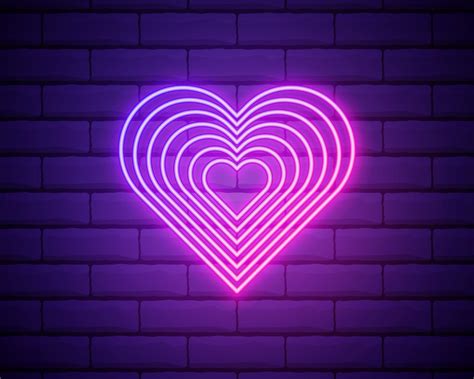 Bright heart. Neon sign. Retro neon heart sign on purple brick wall background. Design element ...