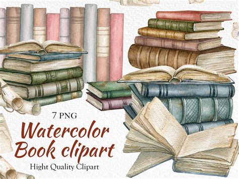 Watercolor Book Clipart,vintage Books Stack,study Items Clip Art ...