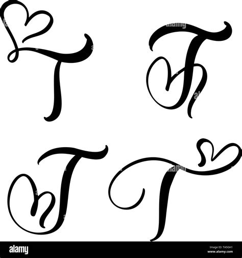 Vector Set of Vintage floral letter monogram T. Calligraphy element Valentine flourish. Hand ...