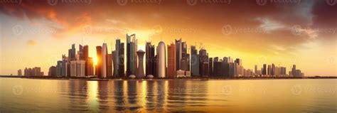 Amazing Panoramic View of Doha City, Qatar Skyline During Sunset or ...