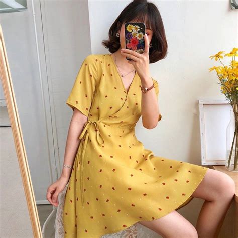 Korean Dress High Waist Wrap A-line Dress Floral Print Fashion Midi Dresses V-neck Women Dress ...