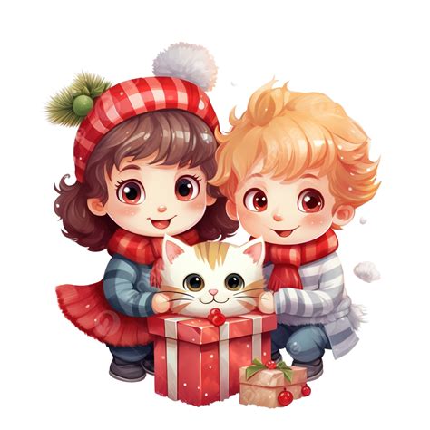 Christmas Cartoon Characters, Children And Cat Holding Gift Box ...