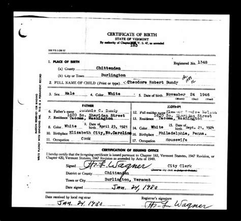 Ted Bundy birth certificate reflects Vermont adoptions in 20th century